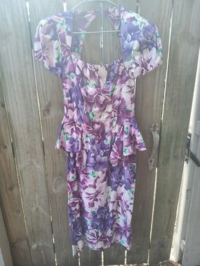 Barbara Barbara Vintage Floral Purple Peplum Midi Dress